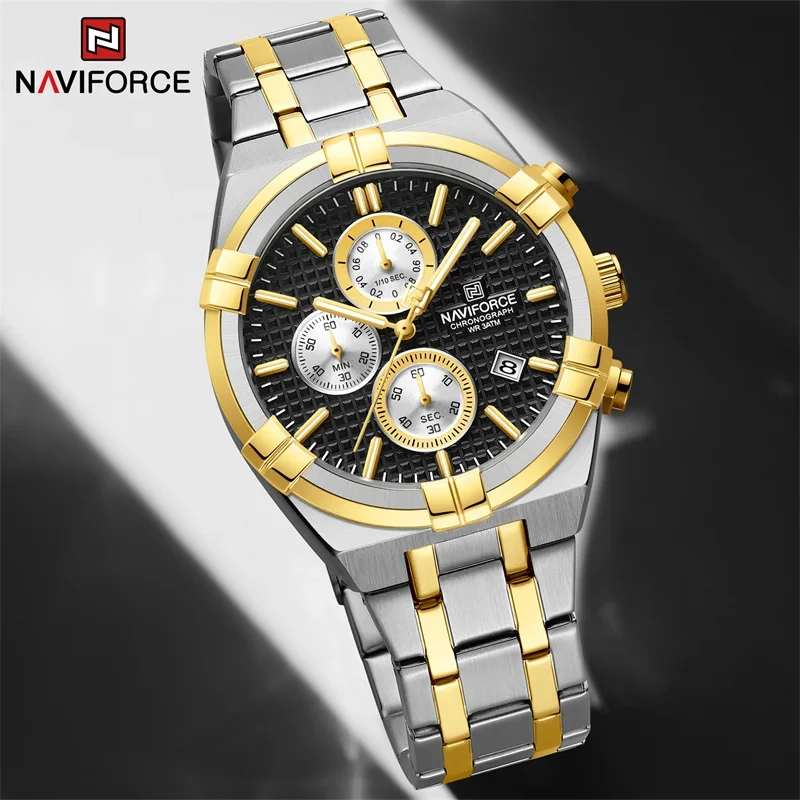 NAVIFORCE jam tangan bisnis mewah pria, arloji Quartz tahan air dengan kalender untuk pria