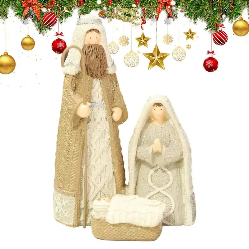 Holy Family Nativity Resin Figurine 15cm, Christmas Scene Tabletop Decor, Religious Home Decoration Statue for Shelf Desk