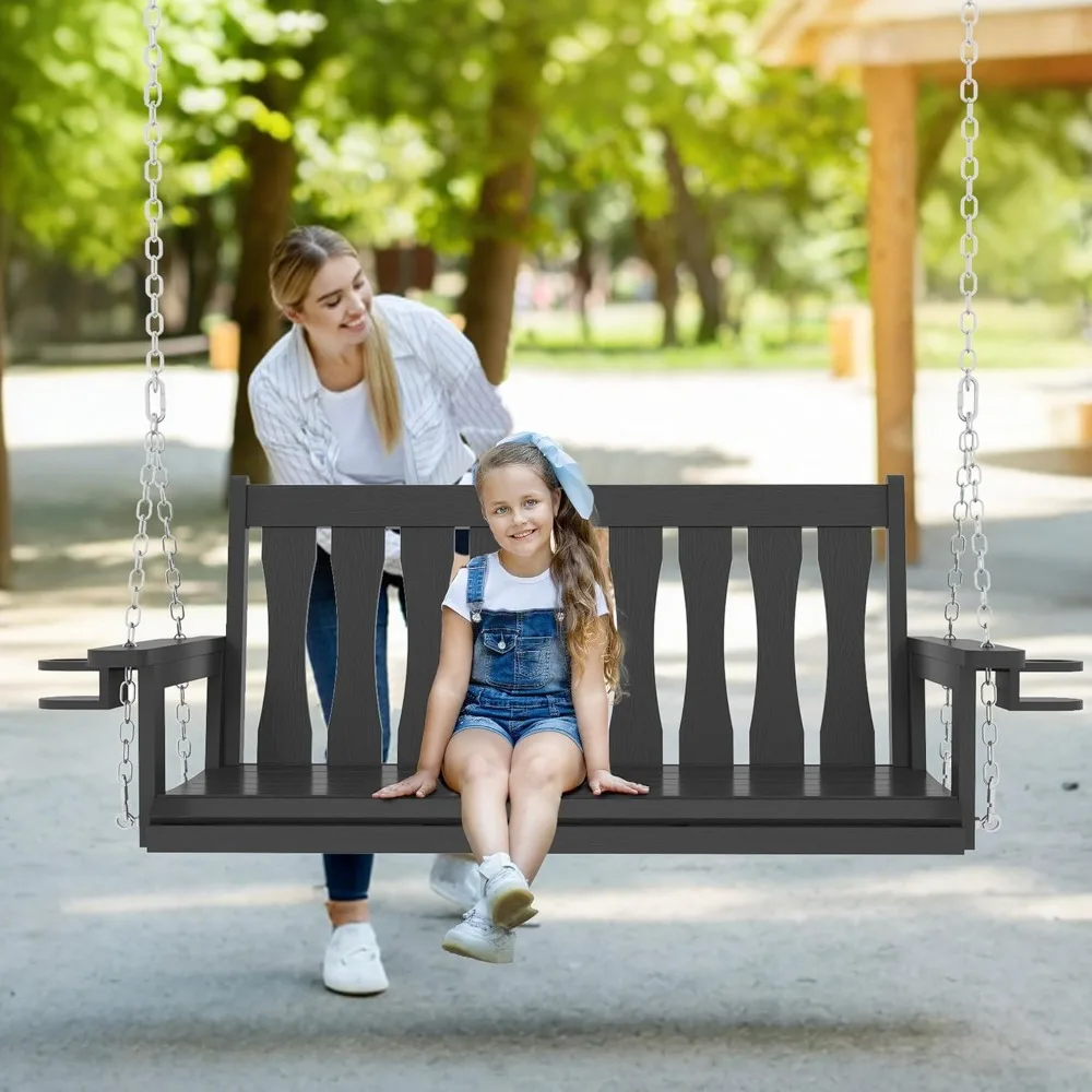 أرجوحة الشرفة المعلقة في الهواء الطلق في جميع الأحوال الجوية، مقعد أرجوحة معلق بمقعدين مع حاملات أكواب، كرسي أرجوحة للفناء مع سلاسل معلقة