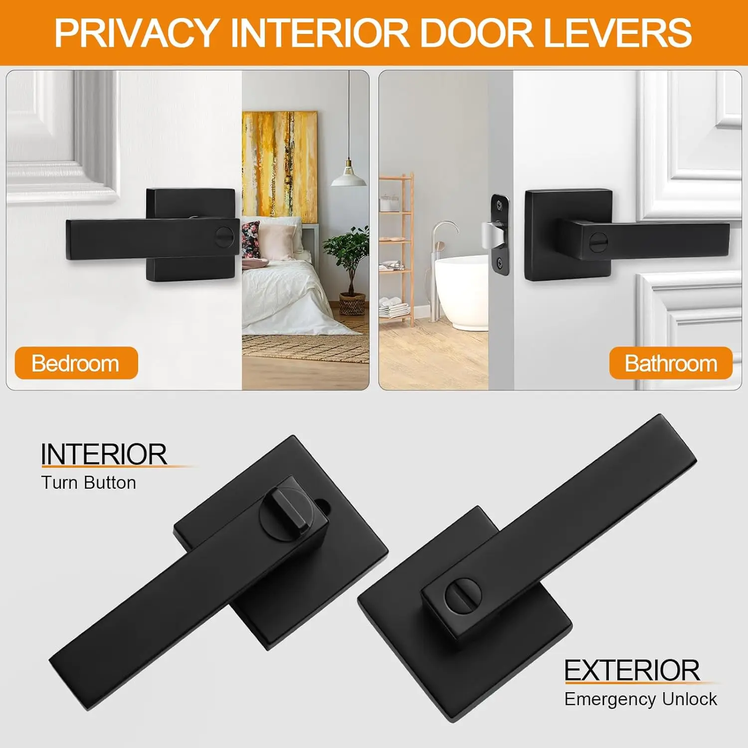 Matte Black Handles Privacy Levers, Keyless Interior Knobs Square Levers Heavy Duty Locks for Bedroom B