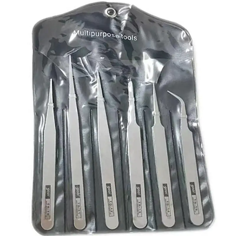 6Pcs Stainless Steel Precision Tweezers Kit Bent Straight Tips Industrial Repair Tool For Detailed Work