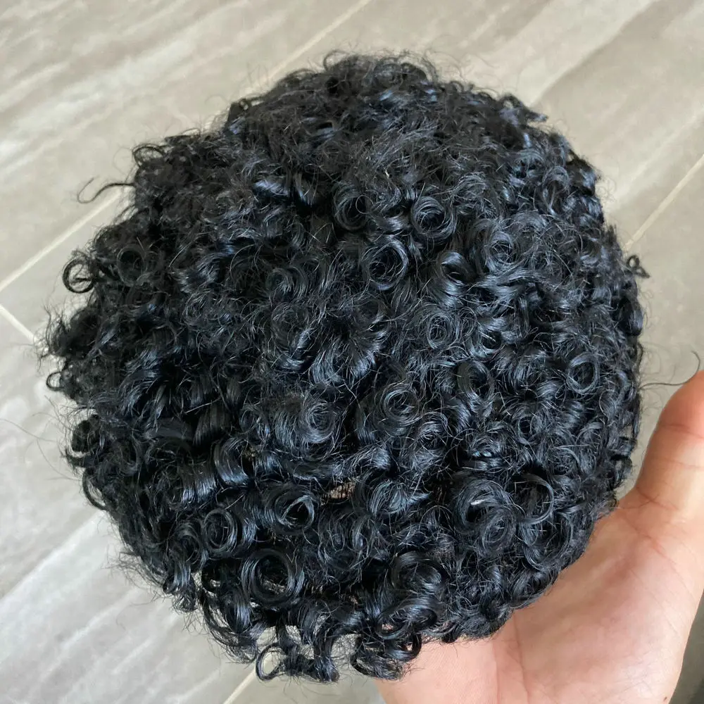 Auntuk keriting pria rambut palsu Wig bernapas renda Australia & PU dasar 100% rambut manusia sistem rambut palsu pria alami Wig garis rambut