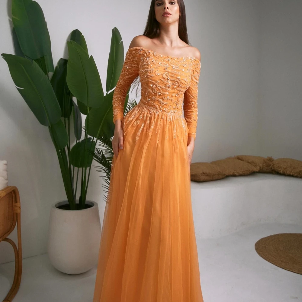 Jiayigong Simple Off-the-shoulder A-line Evening Dresses Paillette Shirred Organza Floor Length Custom Dress