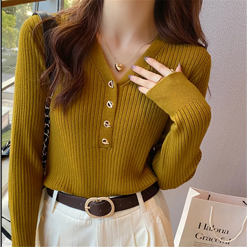 Suéteres de punto de manga larga a la moda, jerséis para mujer, ropa para mujer, suéter de punto negro con cuello en V, Jersey, Tops para mujer Q1192