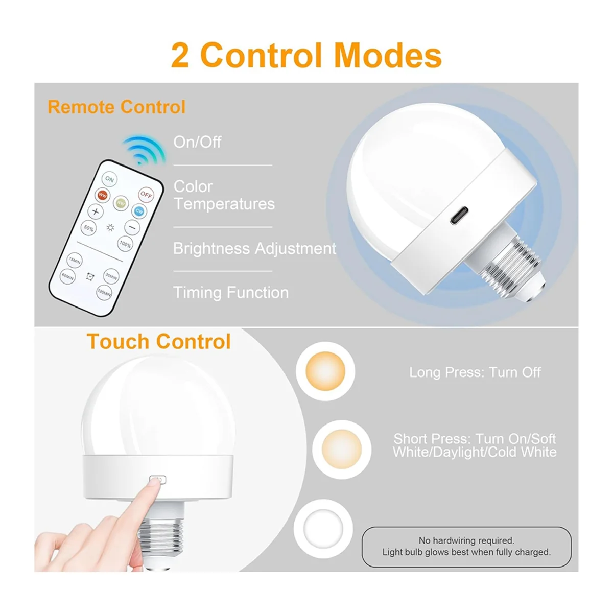 A26P 充電式電池式電球、300LM E26 ネジ式電球、リモコン調光可能&タイマー付きランプ用