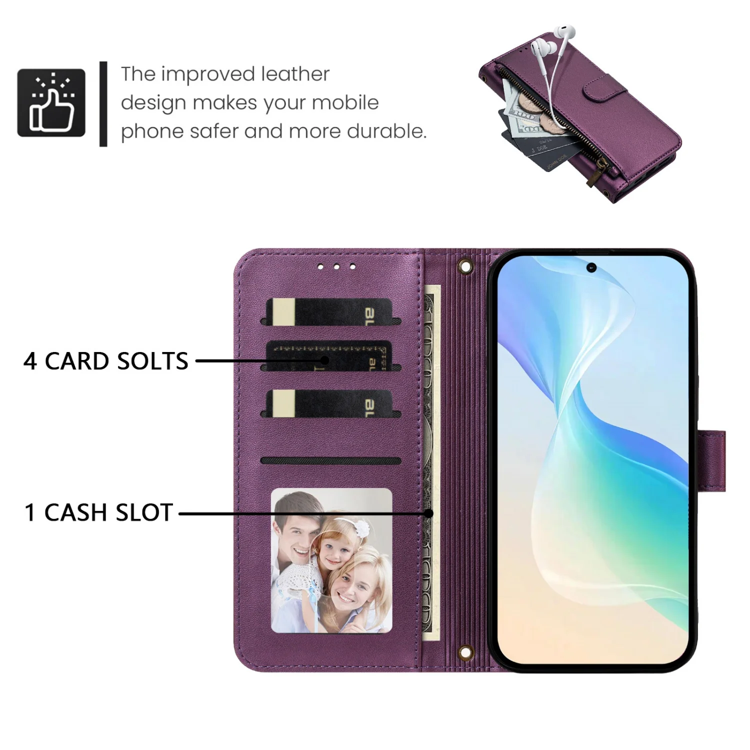 Skórzane etui z zamkiem błyskawicznym do Samsung Galaxy A13 A23 A33 A53 A73 A12 A22 A32 A52 A72 A21 A31 A51 A71 A10 A20 A30 A50, etui typu flip. — zdjęcie produktu 4