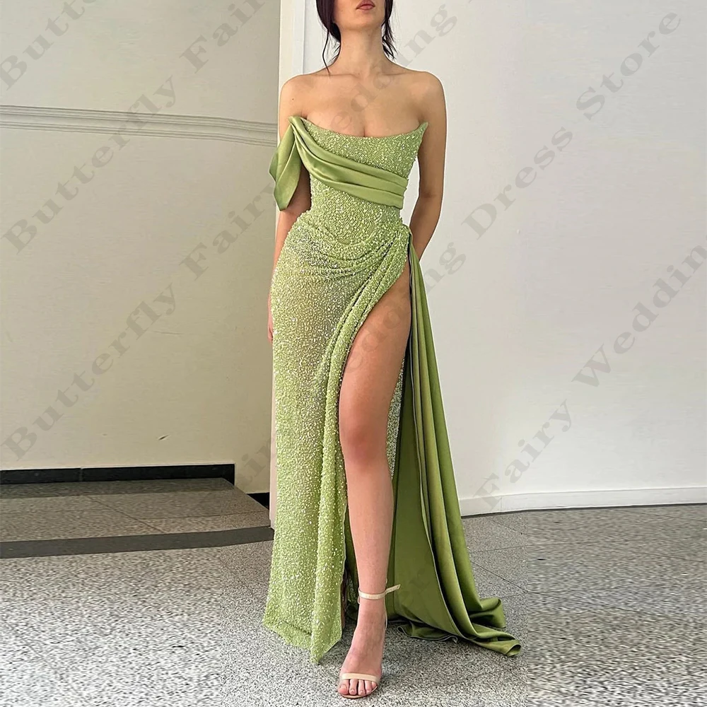 Sexy Mermaid Backless Evening Party Dresses For Women Luxurious Beading Off Shoulder Sleeveless High Split Mopping Prom Gowns