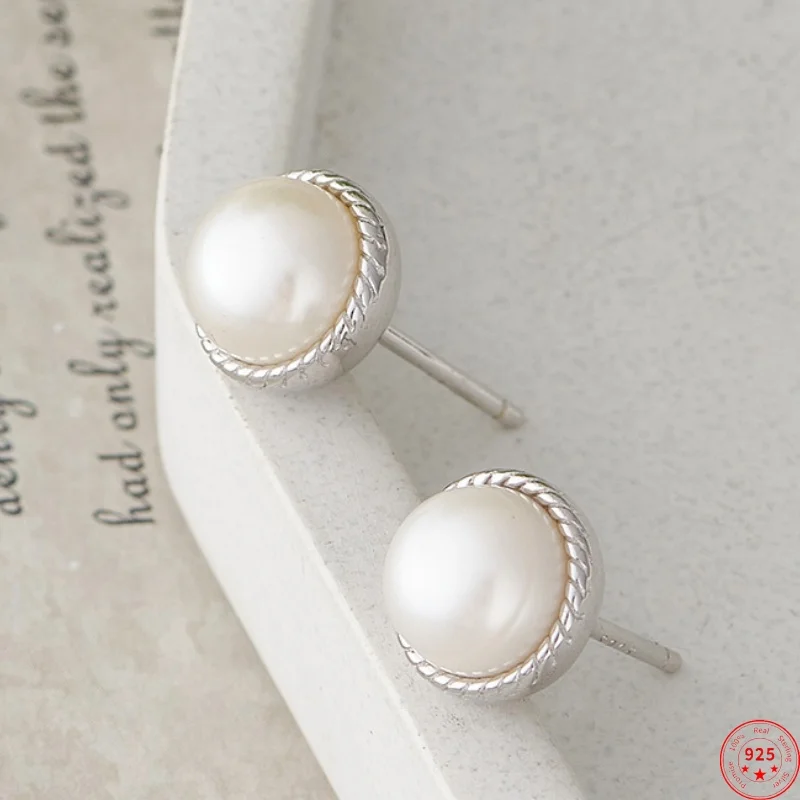 

S925 Sterling Silver Charms Studs Earrings for Women New Fashion Argentum Edged Freshwater Pearl Ear Studs Jewelry Free Shipping