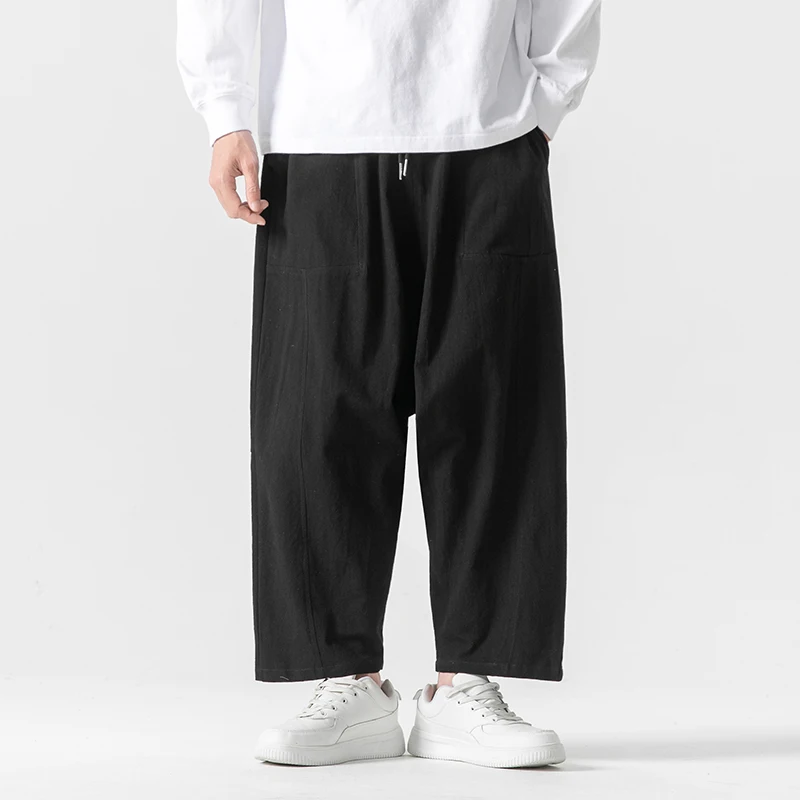

Casual Cotton Linen Wide Leg Nine Point Pants Men's Low Waist Harlan Pants Hip Hop Sle Straight Tube Trousers Autumn Season