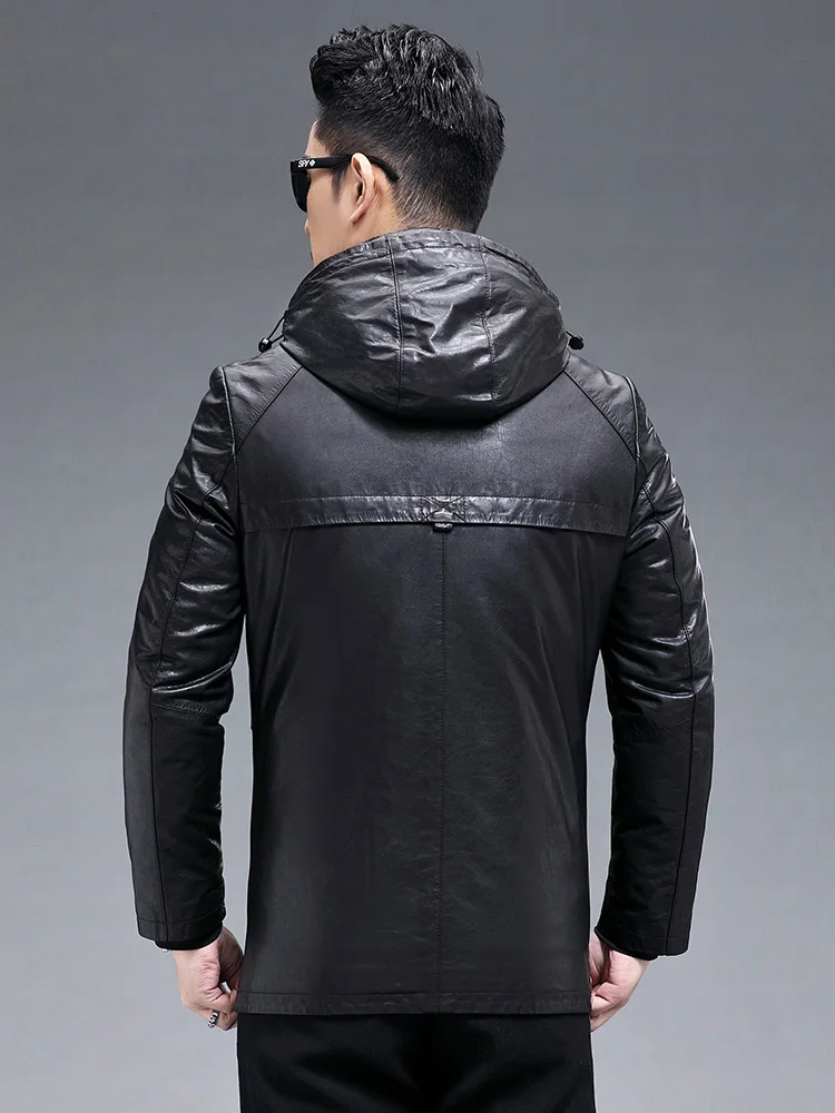 Italian Designer Men Natural Goatskin Down Coat Business Casual Warm Hooded Genuine Leather Jacket Winter Moto Biker Overcoat