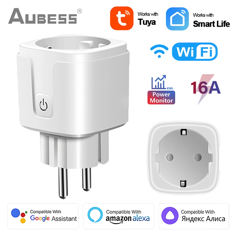 16A Tuya WiFi EU Plug Smart Wireless Socket Outlet Power Monitor Timer Remote Control Work With Google Alexa Home Yandex Alice