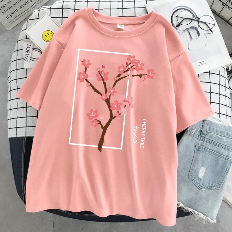 Female Tshirt Street Breathable T Shirt Soft Fashion Short Sleeve Oversized Sport T Shirts Cherry Tree In Full Bloom Printing