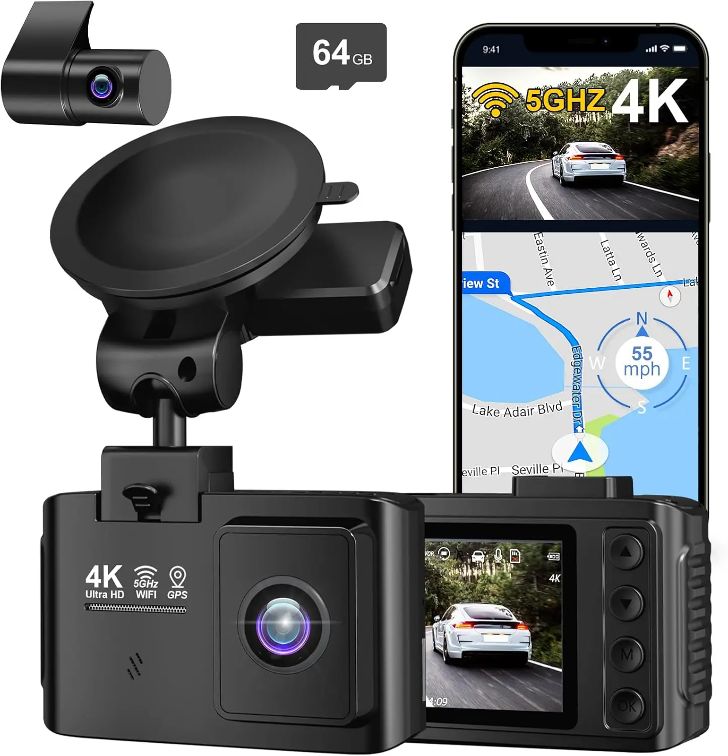 

Dash Cam Front and Rear: 4K+2.5K Dual Channel with 5GHz WiFi, GPS, G-Sensor, Loop Recording, Night Vision, Parking Mode for Cars