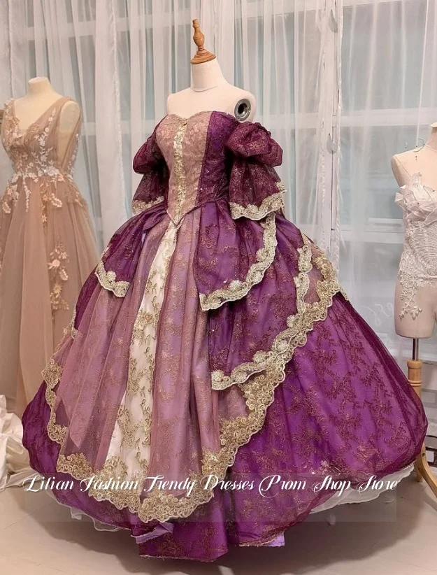 Personalizado roxo quinceanera vestido de renda guarnição bordado role play princesa vestido de baile vestidos de 15 quinceañera doce 15 vestidos