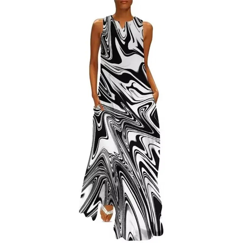 White Black Tie Dye Women Dress Abstract Print Night Club Maxi Dress Street Bohemia Long Dresses Ladies V-Neck Oversize Vestidos