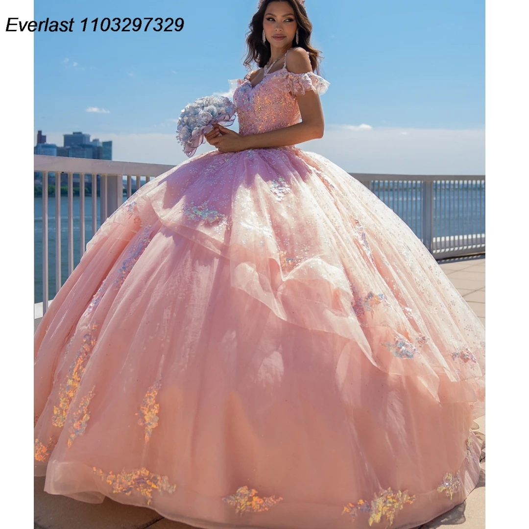 

EVLAST Shiny Pink Quinceanera Dress Ball Gown Lace Applique Crystals Beaded Corset Tiered Sweet 16 Vestido De 15 Anos TQD459