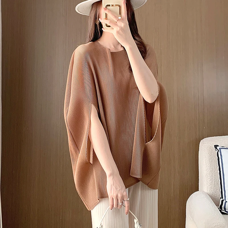 Miyake Pleated Women\'s Loose Bat Sleeve Solid Color Top Fashionable Cape Casual Autumn Women\'s Clothing