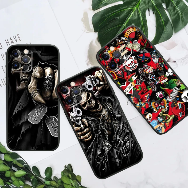 Retro Skull Butterfly  Luxury For iPhone 15 14 13 12 11 XS X XR 8 7 6 6S Pro Max Plus Mini Black Phone Case Soft TPU Cover