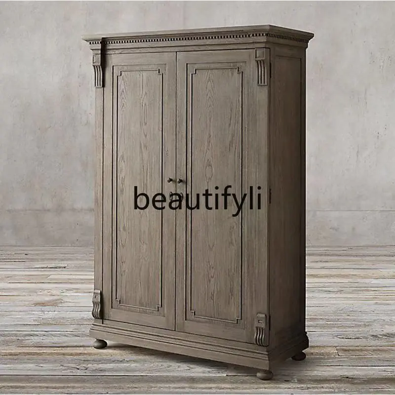 

American Style Solid Wood Two-Door White Wardrobe with Carved Doors, Storage Cabinet, Nordic Style Closet