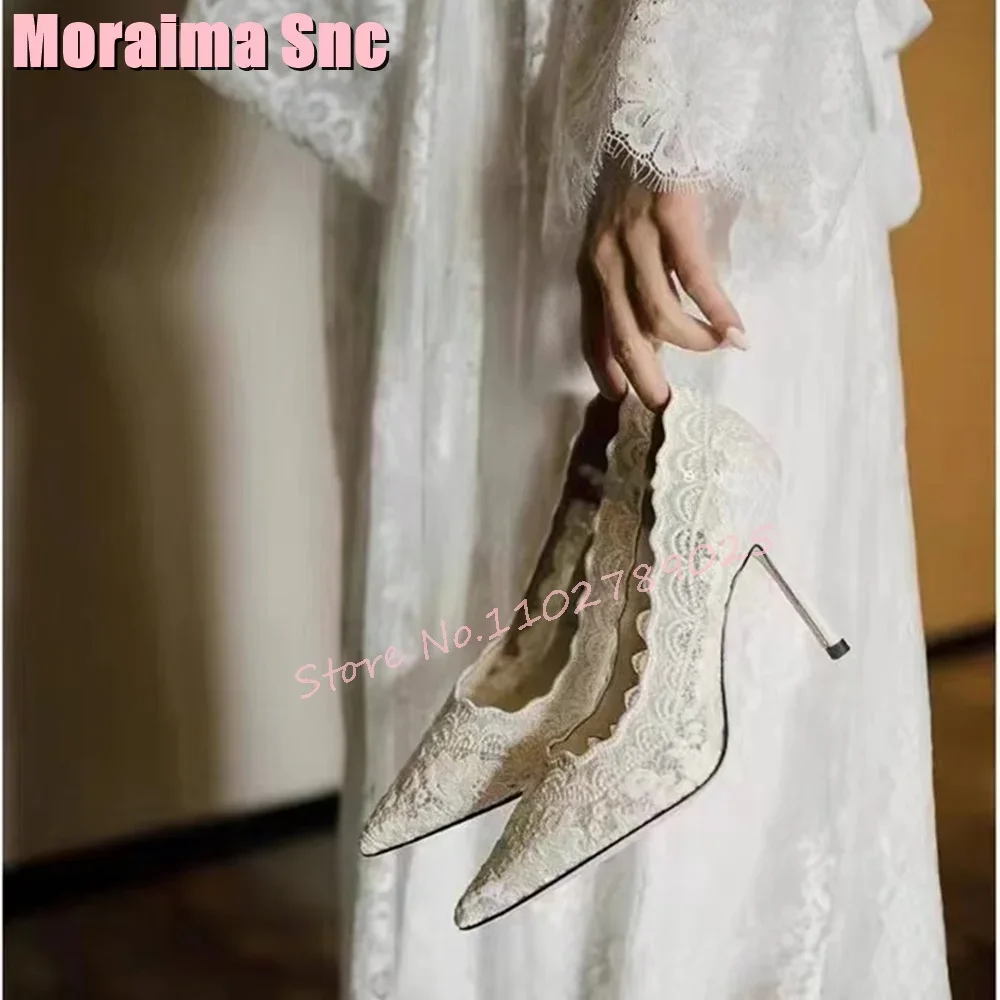 

Sexy Embroidery Pointed Toe Shallow Pumps Stiletto High Heels Slip On Elegant New Women Wedding Shoes Summer White Solid Fashion