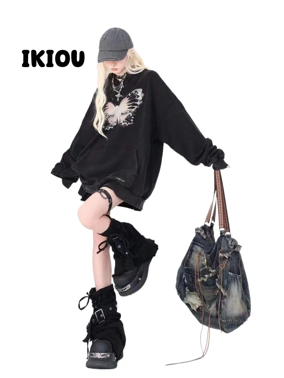 IKIOU Y2K Punk Rock Black Denim Leg Warmers with Drawstring and Cross Detail for Trendy Girls, Perfect for Ins Style