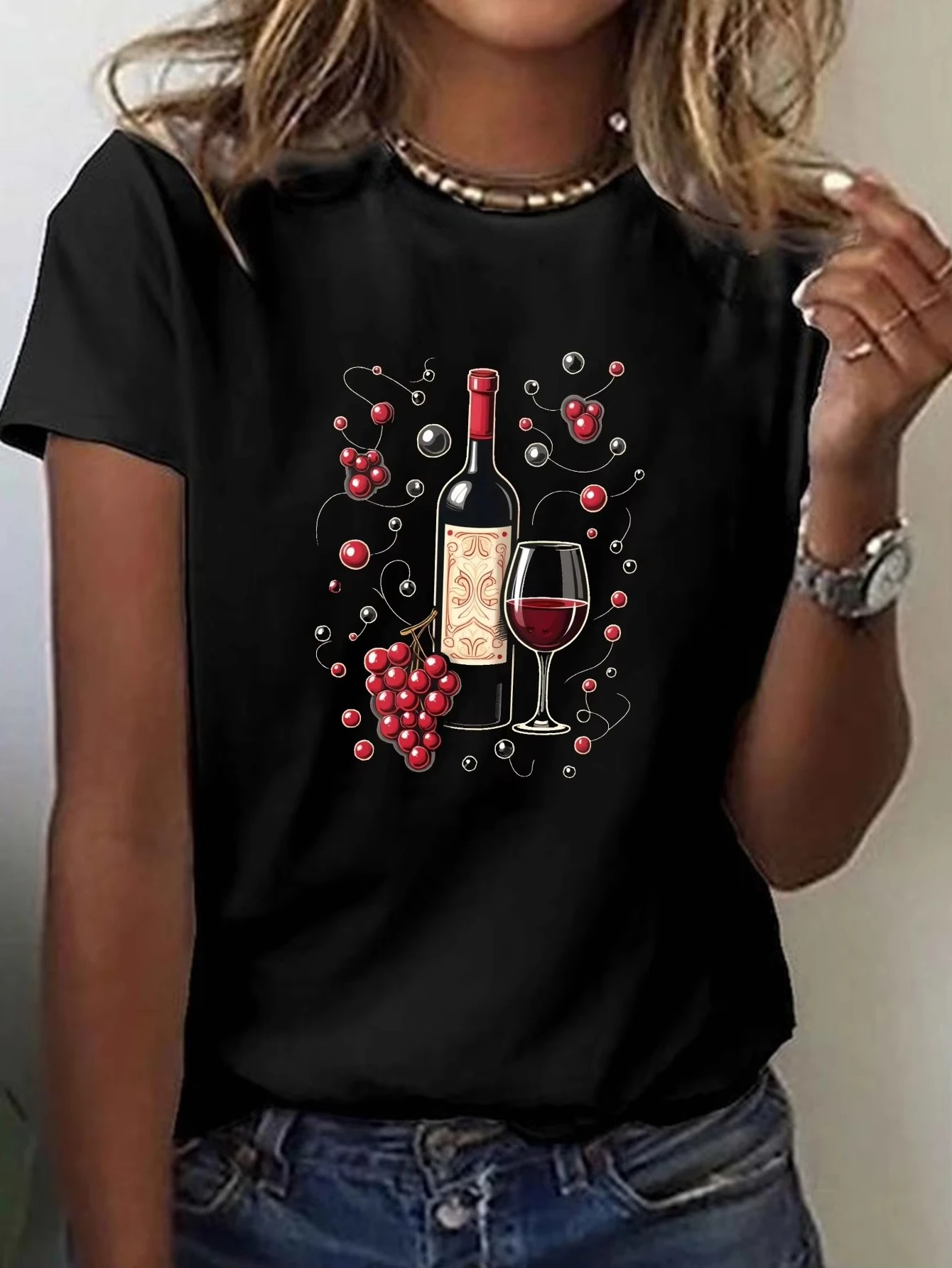 Women Abstract Wine Bottle Grape Geometric Print Sleeve Crew Neck Top Wine Summer Fashion Playful Graphic Tee Free Delivery