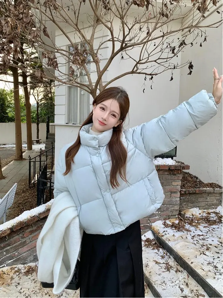 티엔드 퓨어 컬러 스탠드 칼라 브레드 코트 여성용 겨울 아우터웨어 따뜻한 루즈핏 가디건 면옷 출퇴근용