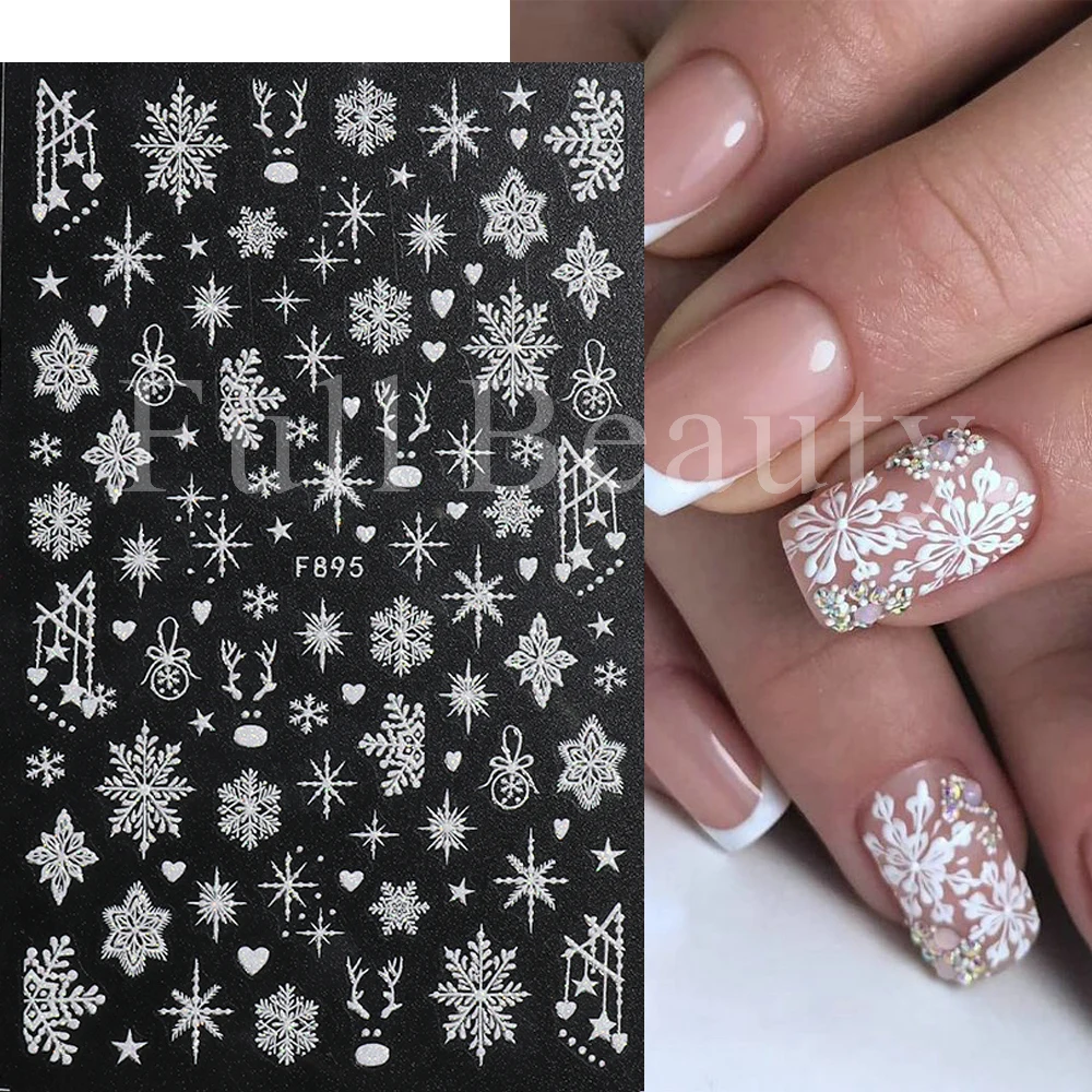 Glitter Nail Stickers Witte Sneeuwvlokken Ornamenten Reflecterende Sliders Voor Nagels Kerstversiering 2022 Manicure Decals GLF897