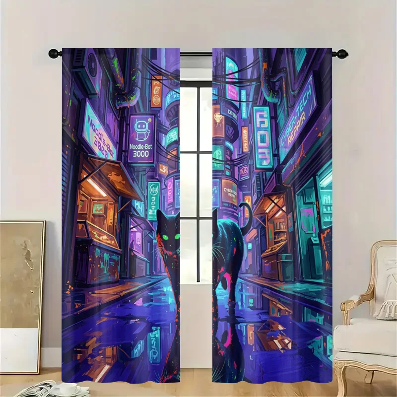 Cyberpunk Neon Cityscape Curtains Window Decor Semi Translucent Cat Art Panels Futuristic Anime Style Home Accent Curtain Panels