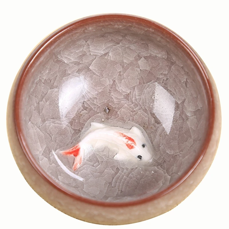 Set di tazze in ceramica da 8 pezzi, tazze da tè smaltate svasate cinesi Celadon Teacup Set di tazze in porcellana artigianale con motivo a pesci tradizionali