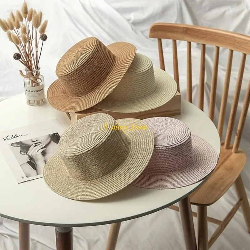 N58F Summer Beach Straw Hats Women Foldable Big Wide Side Casual Female Hat Sunshade Flat-topped Top Cap Travel for Sun Cap