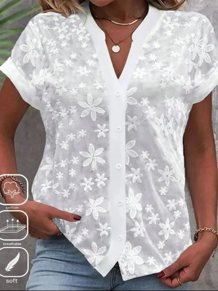 Cropped Shirt White Lace Blouse Eyelet Cut Embroidery Top Wear Hollow Out Women\'s Summer Clothing