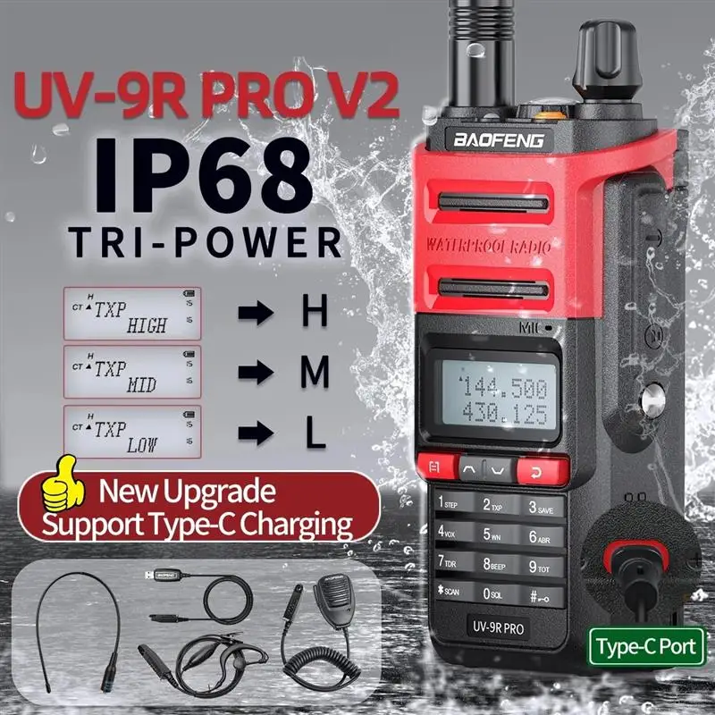 Top UV-9R Pro V2 Waterproof IP68 Ham CB Radio Long Range Walkie Talkie Upgrade Tri-Power Dual Band UV-9R PRO Two Way Radio