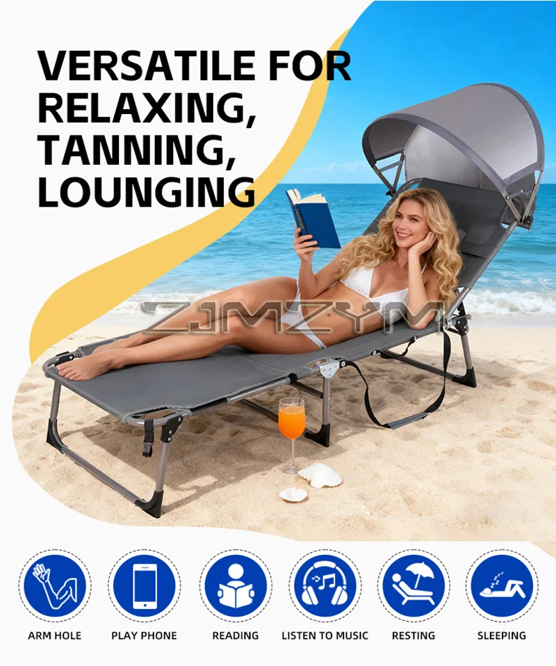 Dual-Purpose Folding Beach Lounge Chair Sunshade Outdoor Camping Back-Basking Artifact Portable Sitting And Lying Down Bed