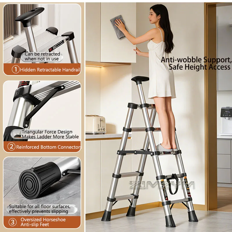 Stainless Steel Telescopic Ladder with Single Retractable Handrail  Foldable Step Ladder for Home Kitchen Office Indoor Use