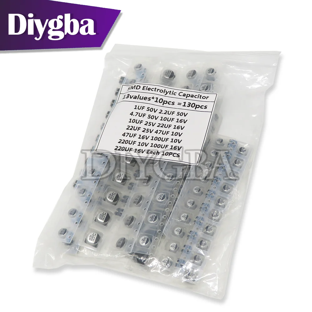130 TEILE/LOS 1uF-220uF SMD Aluminium-Elektrolytkondensator-Sortiment-Kit-Set, 13 Werte, jeweils 10 Stück Muster-Kit DIYGBA