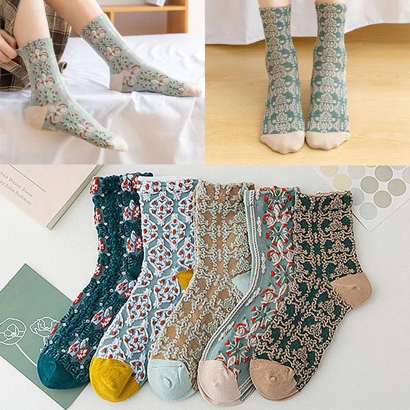 3D Knitted Stockings Vintage Embossed Flower Socks Women\'s Spring Autumn Socks Japanese Fashion Lolita Style Elegant Palace Sox