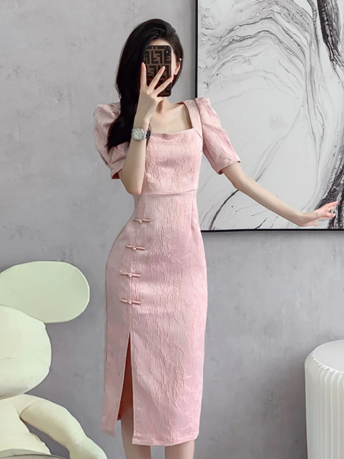 2023 Pink Summer Women Improved Cheongsam Mid Long Vintage Dress Chinese Style Slim Fashion Dresses Qipao S To XXL S2104