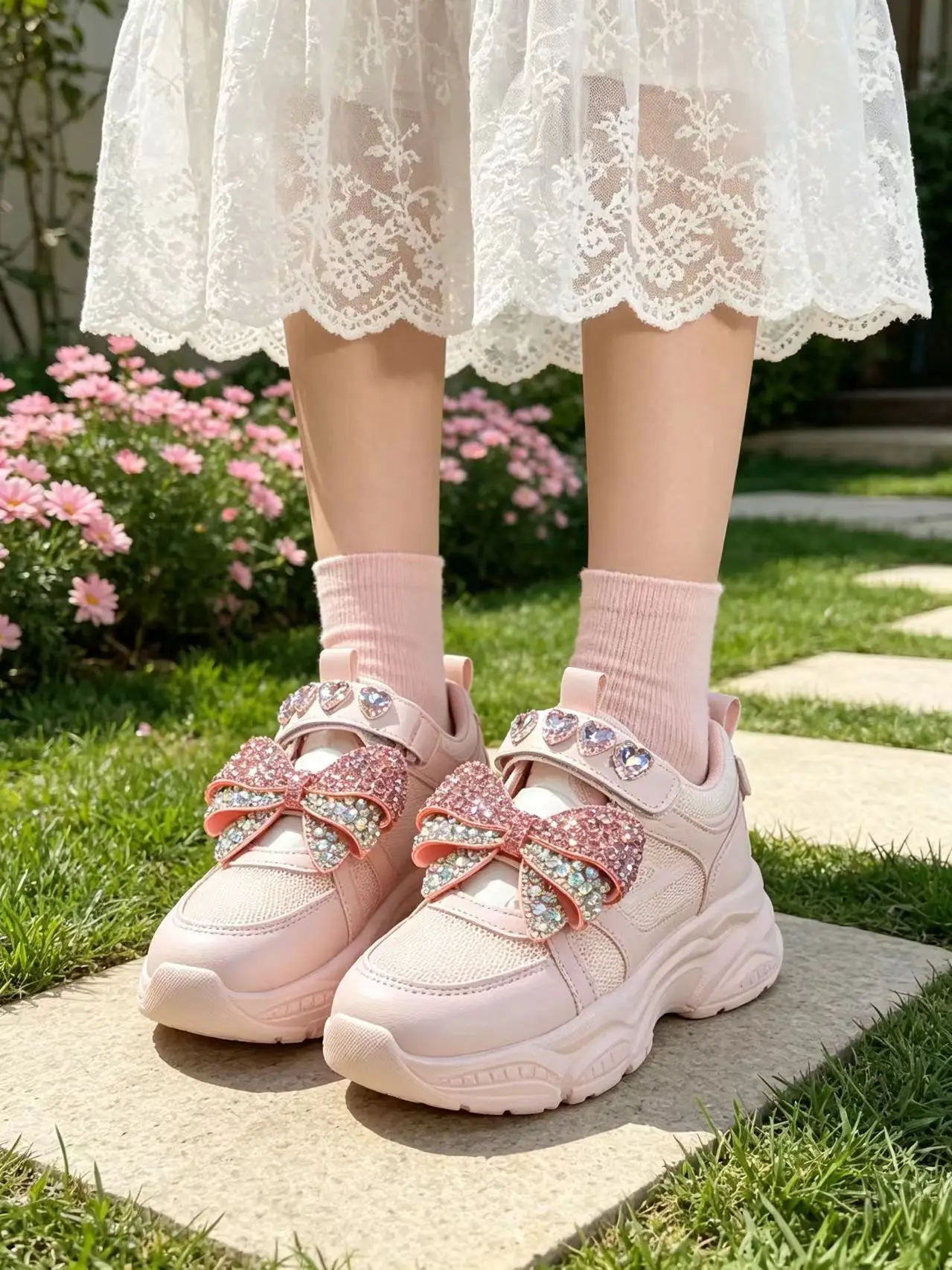 Luxurious rhinestone pink casual shoes, custom-made, low-top, breathable sports women's shoes, size 35-40