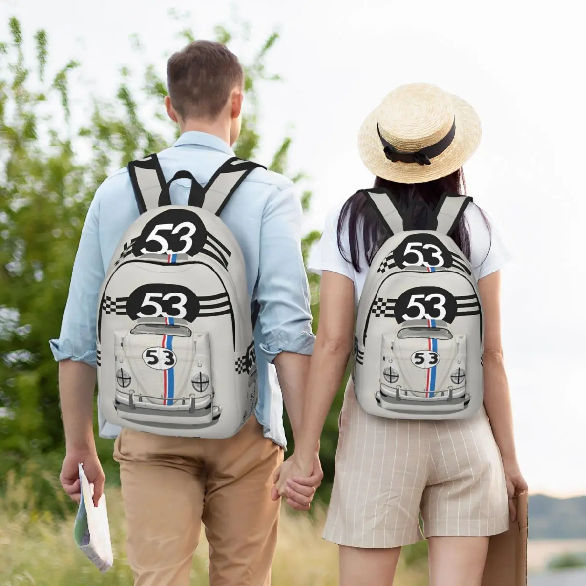 Herbie หมายเลข 53 กระเป๋าเป้สะพายหลังวัยรุ่นกลางแจ้งโรงเรียนรถแข่งผู้ที่ชื่นชอบ Stripe Daypack สําหรับผู้ชายผู้หญิงแล็ปท็อปคอมพิวเตอร์ไหล่กระเป๋า
