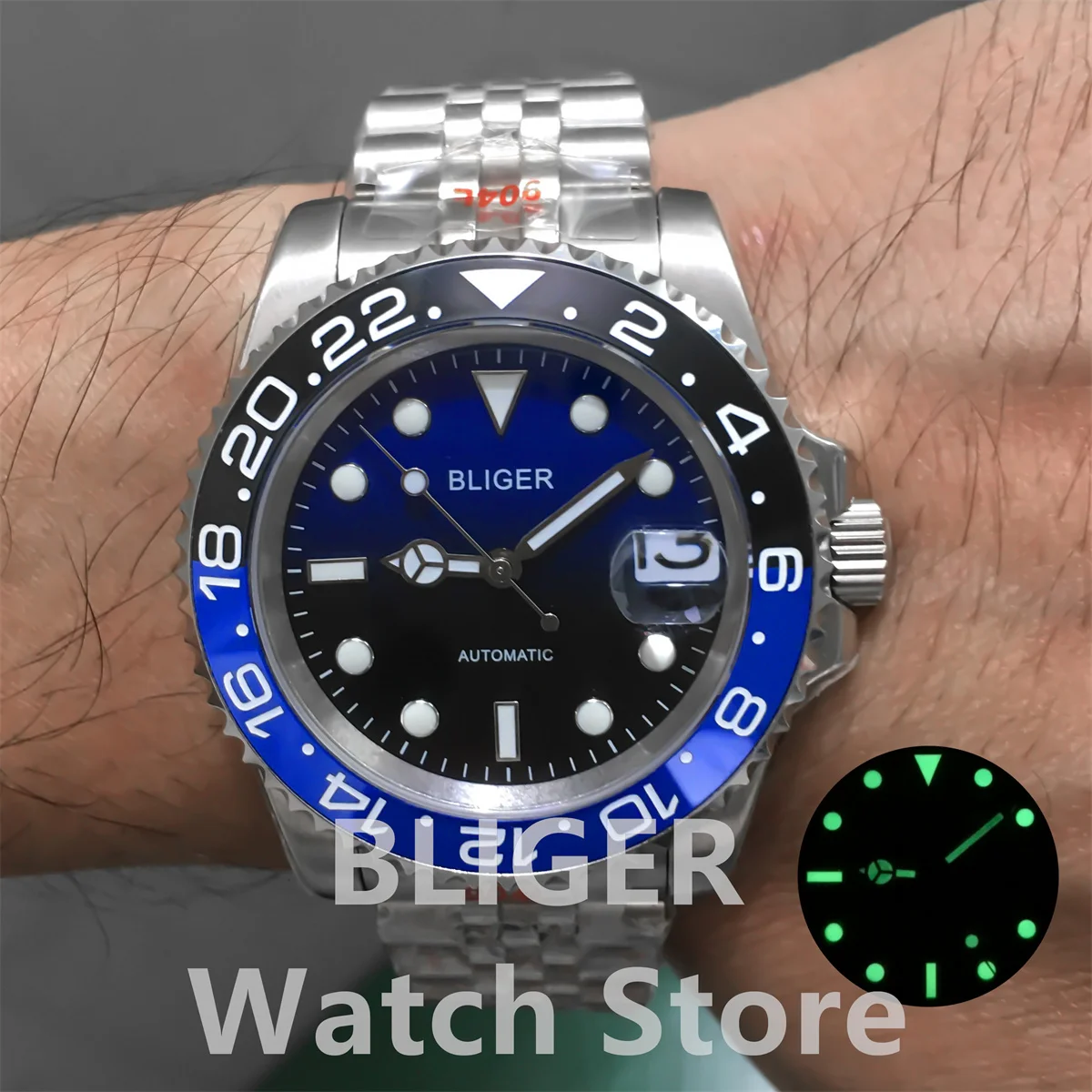 BLIGER Men\'s Watch 40mm NH35 PT5000 MIYOTA 120 Click case Ceramic bezel Blue Black gloss dial sapphire glass Green luminous