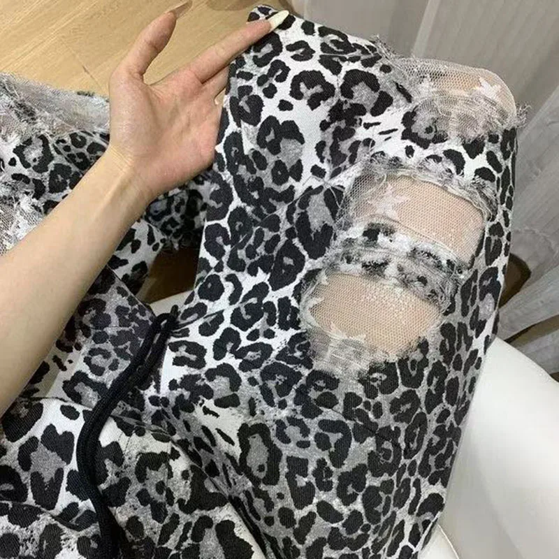American Leopard Print Lace Patchwork Cutout Wide-Leg Pants Women's Summer Slim 2025 New Drawstring High-Waist Sportswear Pants