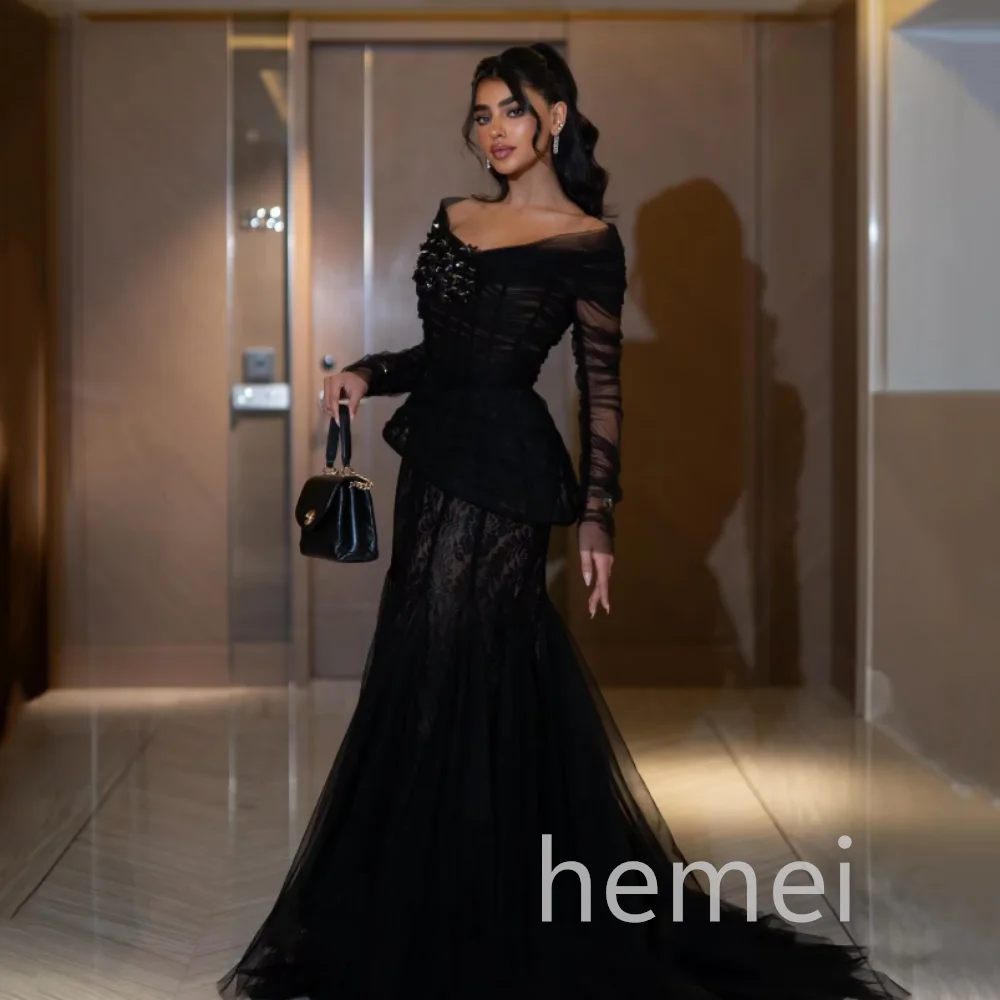 ชุดราตรีสีดำเซ็กซี่ ชุดราตรีลูกไม้สั่งตัด ชุดราตรีทรงเมอร์เมดแขนยาว ชุดราตรีปักเลื่อม