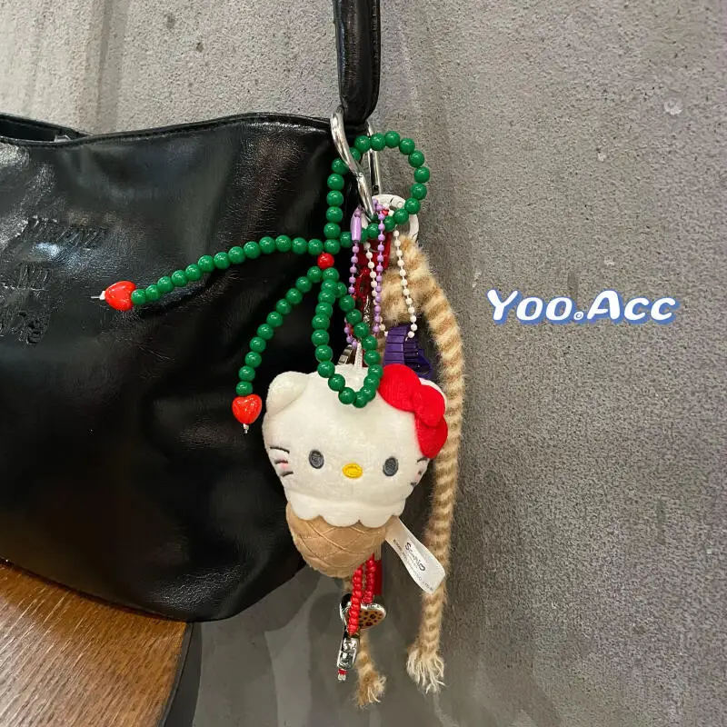 

Новая плюшевая цепочка для телефона Hellokitty, кавайный мультяшный корейский шнурок с зелеными бусинами, подсластитель с бантом Kt, автомобильный кулон, брелок для рюкзака