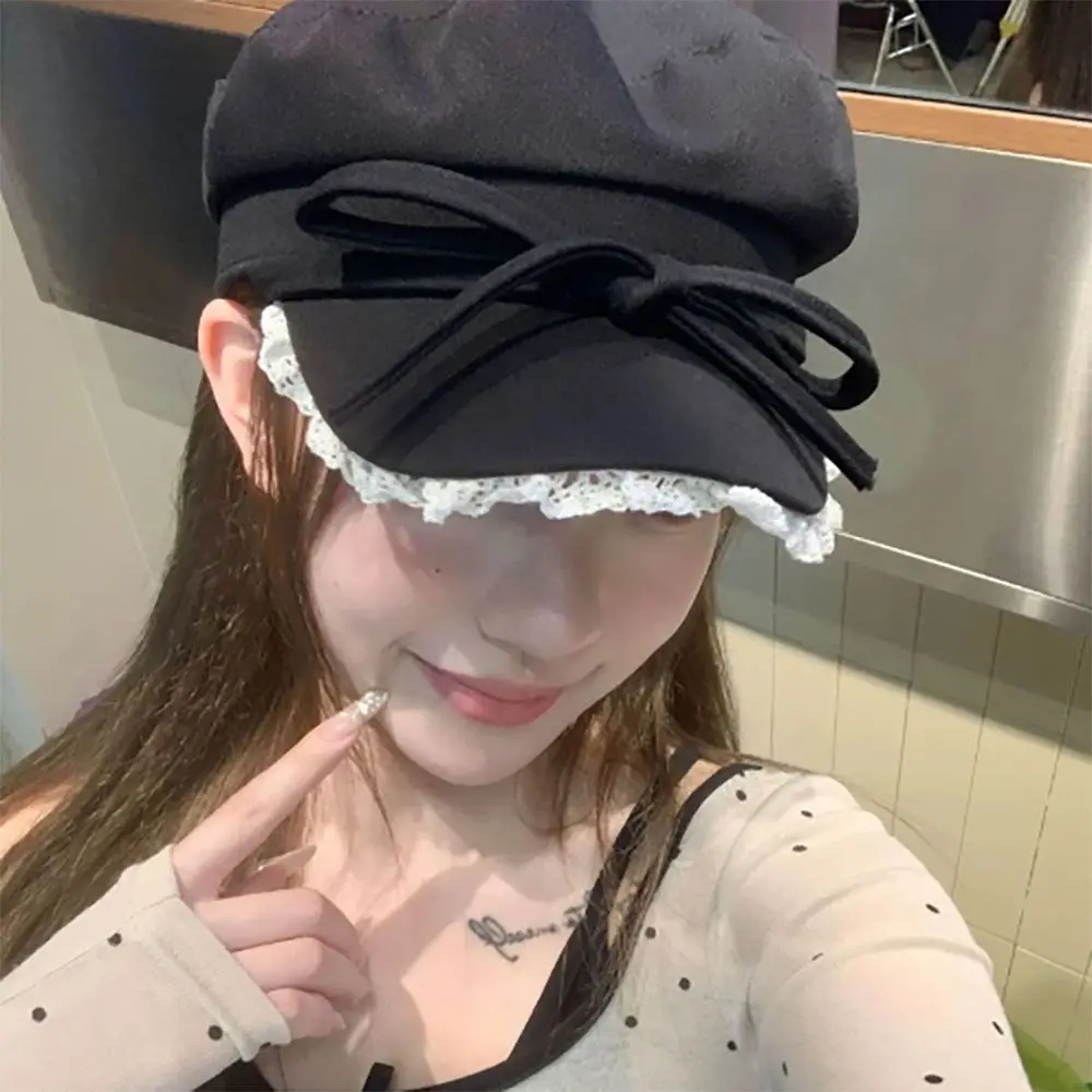 Bow Lace Edge Beret Sun Protection Korean Style Octagonal Hat Show Small Facial Features High-quality Newsboy Hat Versatile