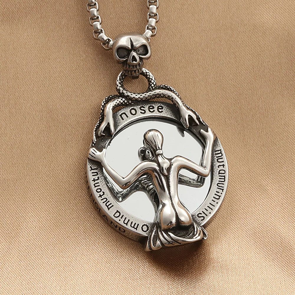 Punk Vintage Stainless Steel Magic Mirror Pendant Necklace For Men Women Gothic Unique Skull Necklaces Fashion Jewelry Gifts