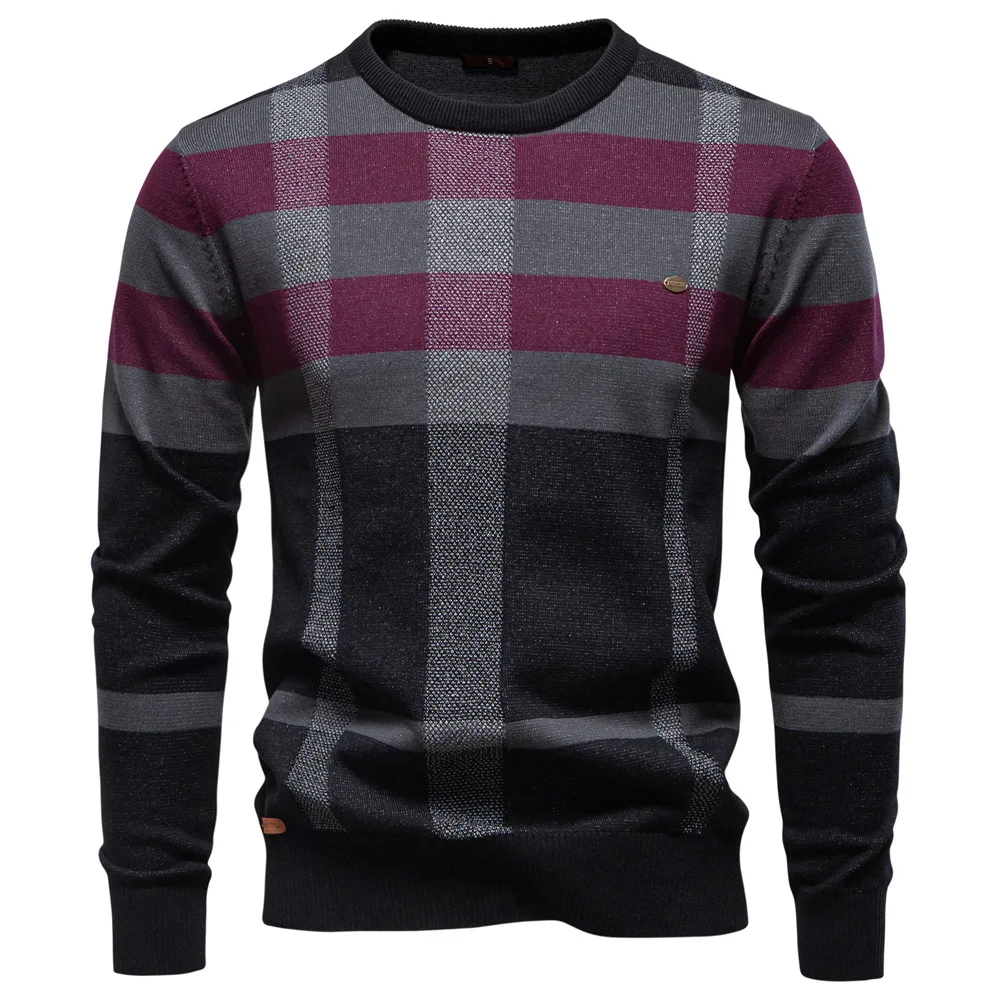 Europeo di Nuovo Modo Autunno Inverno degli uomini O-Collo Manica Lunga Casual Alla Moda Color-codificato Plaid Allentato Maglioni Lavorati a Maglia Maschile Pullover
