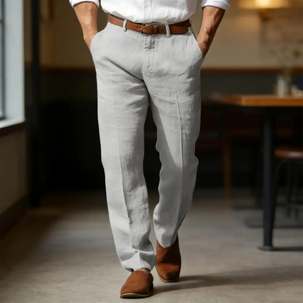 

Comfortable Men Casual Pants Men's Mid-rise Casual Trousers with Button Zipper Closure Straight Leg Long Pants with for Travel