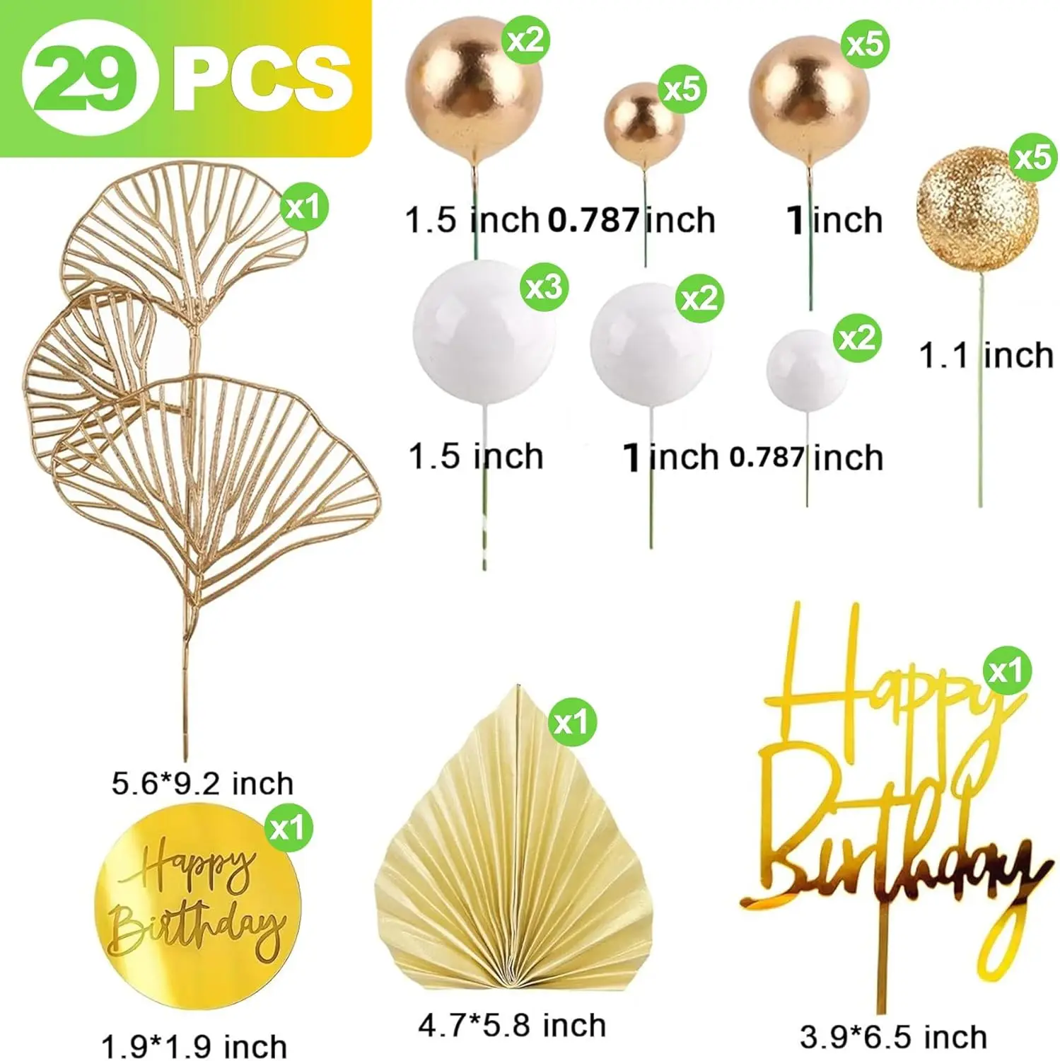 29Pcs Gold and White Boho Cake Topper Set With Paper Fans Ginkgo Leaf Decor for Wedding Birthday All Celebrations Party Supplies