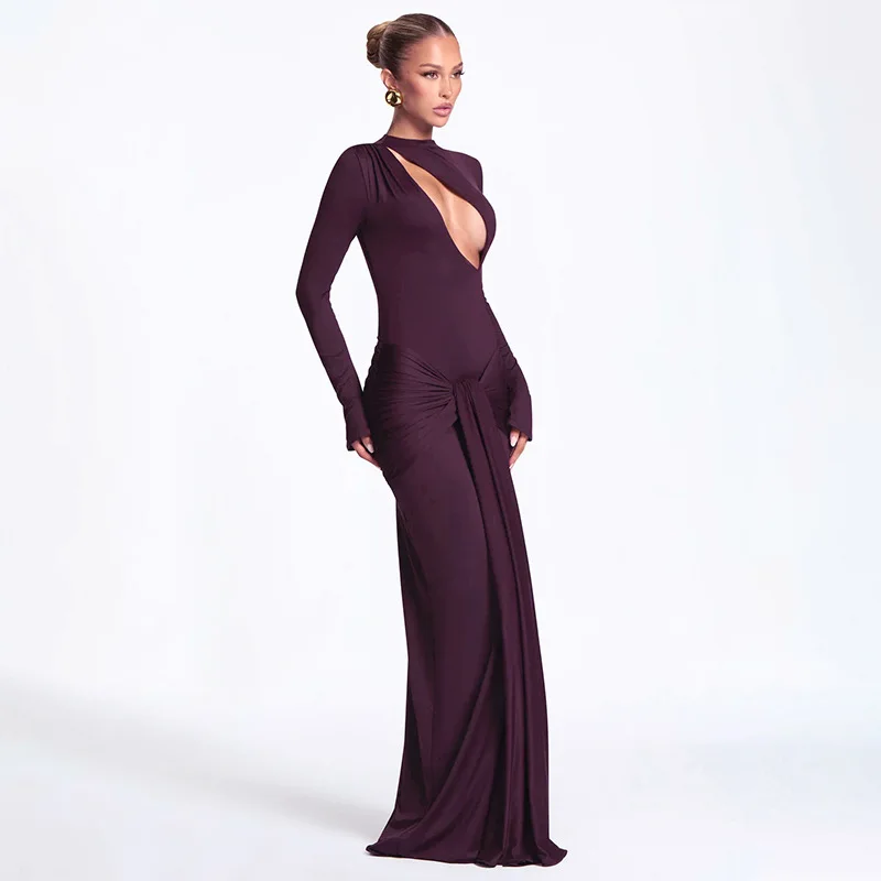 

Fashionable Women's Evening Dress Autumn Winter Sexy Slim And Elegant Dress Long-sleeved Hollow Hip-covering Strap Clothes